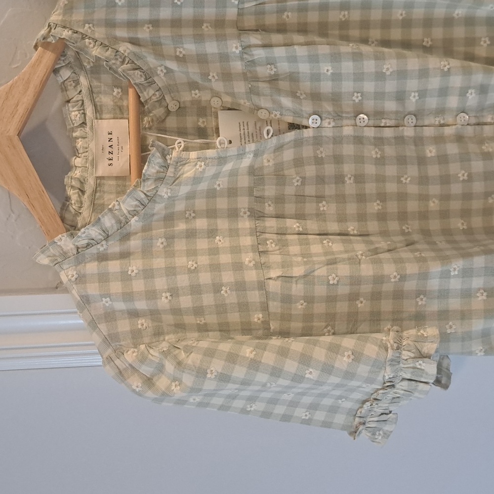 Sezane Green Floral daisy Checkered Blouse